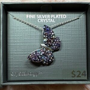 Silver Butterfly Necklace with Purple Crystals